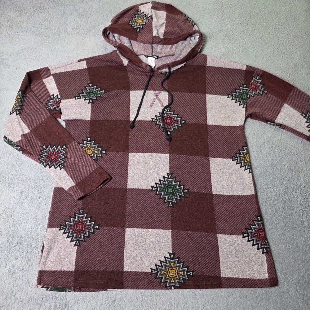 Heimish USA Womens M Hoodie Burgundy Grey Southwestern Checkered Pullover Top